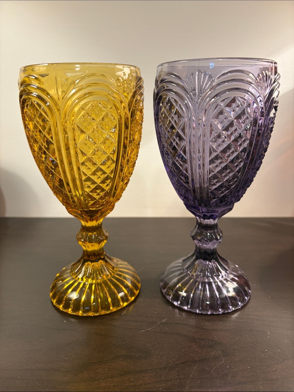 Amber and Amethyst Pressed Glass Goblets - Pair